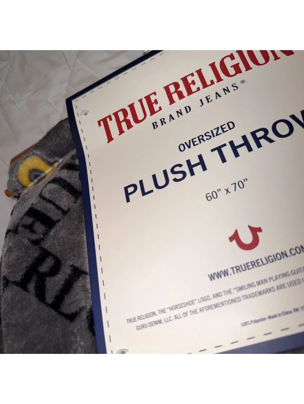 True Religion Oversized Plush Throw Blanket 60x70 in gray w/ yellow blk Graphics